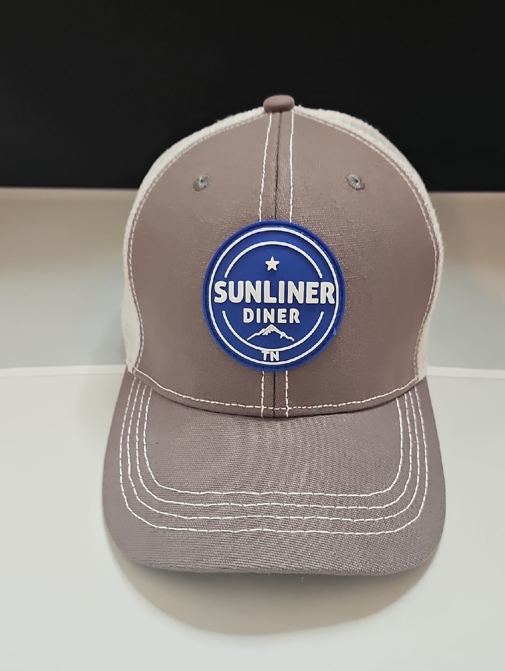 Sunliner Diner Taupe and White Trucker Hat with Blue Logo Patch